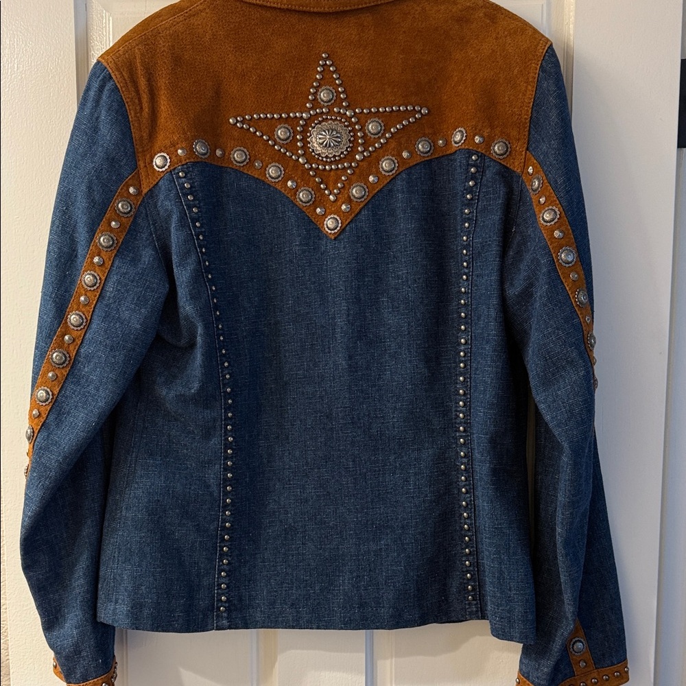 Stunning Cripple Creek Brown Leather Jacket w/ heavy Blue Jean Fabric & Conchos